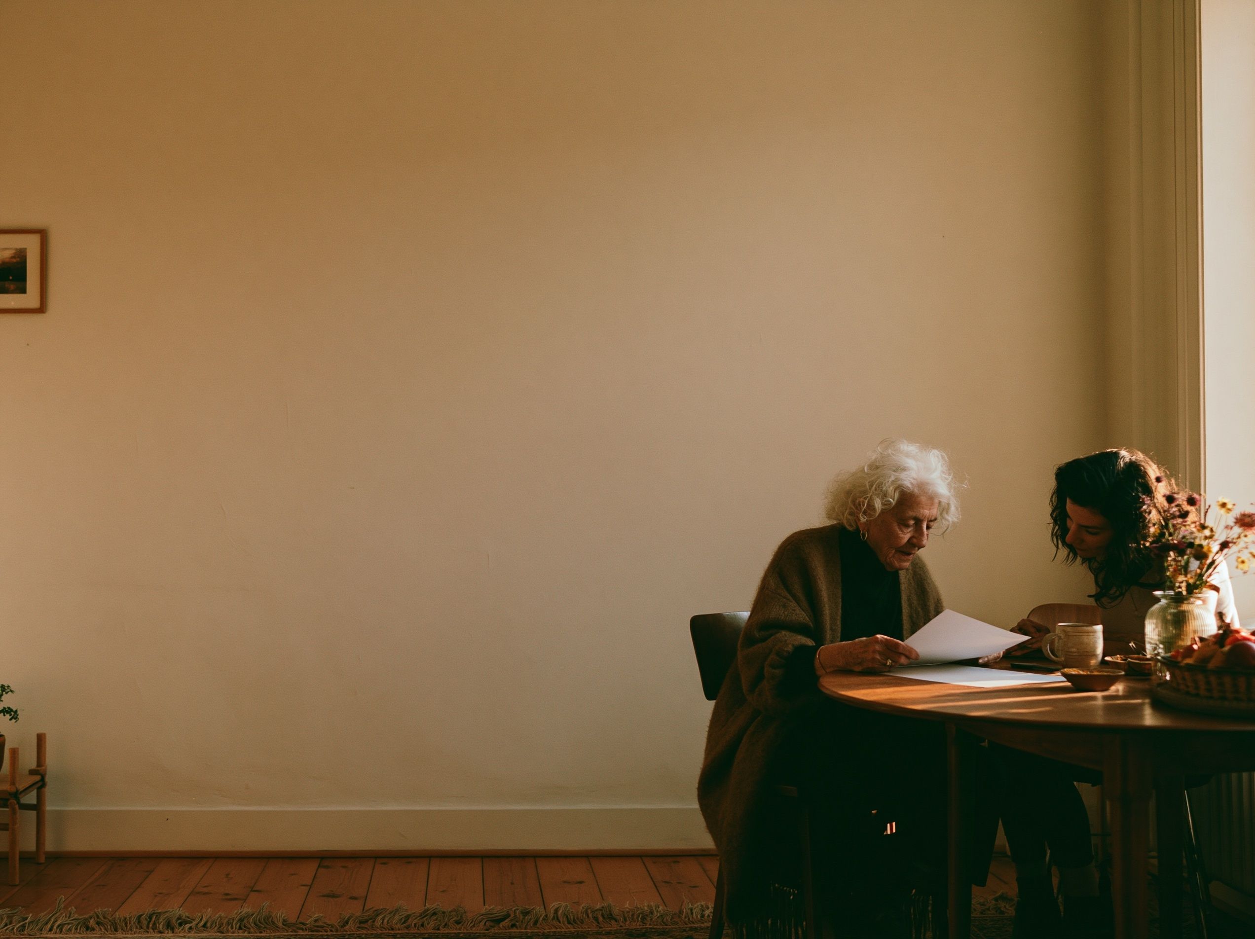 An older woman and her adult daughter reviewing a discharge paper together at a sunlit kitchen table at home